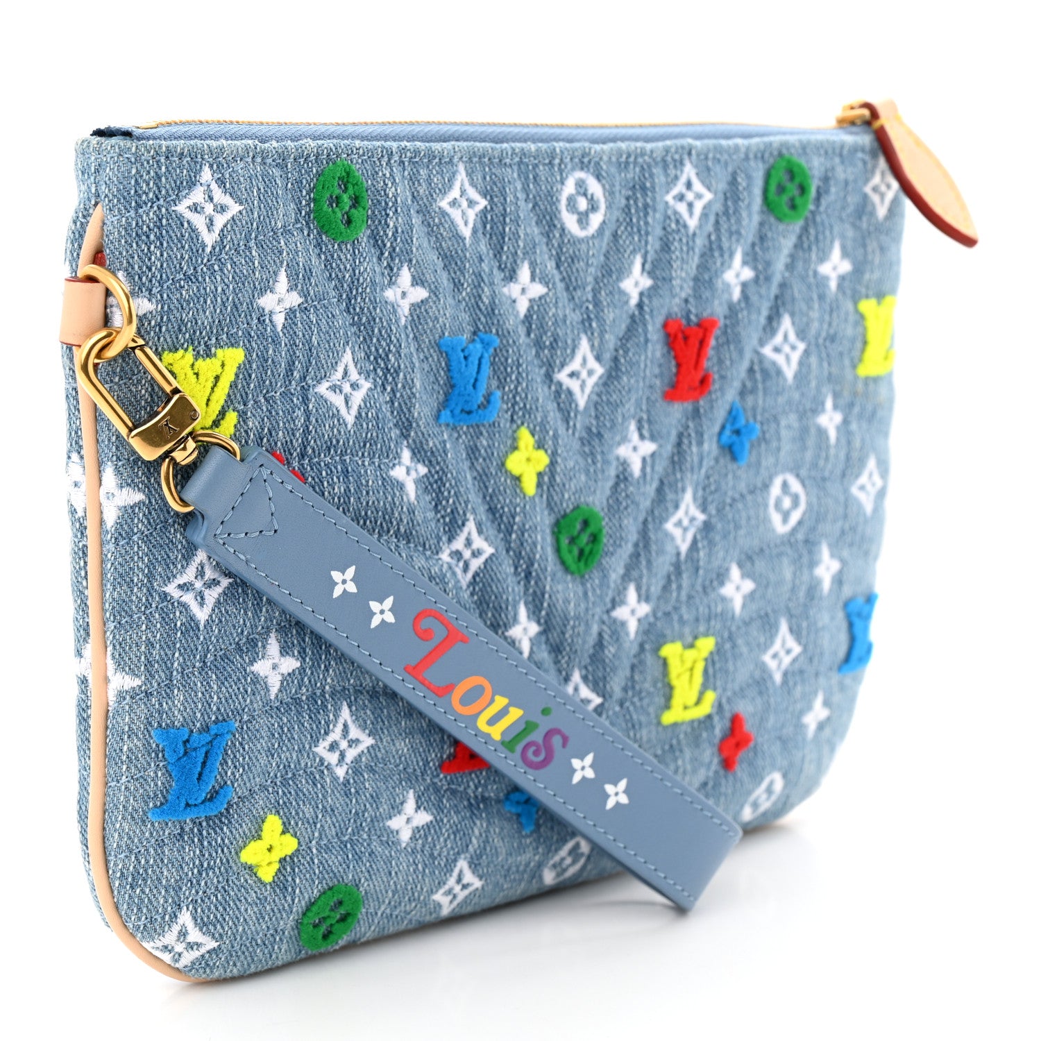 Louis Vuitton Embroidered Monogram Denim New Wave Zipped Pochette Blue 3 of 7