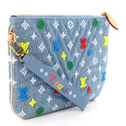 Louis Vuitton Embroidered Monogram Denim New Wave Zipped Pochette Blue 3 of 7