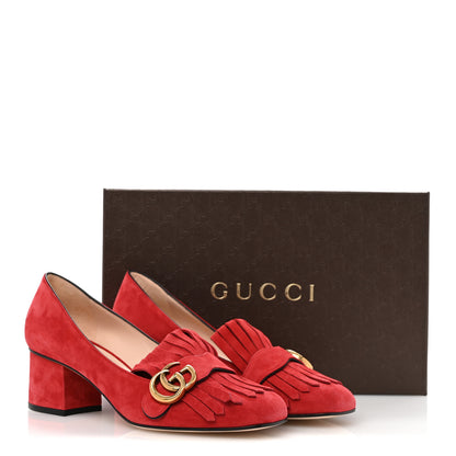 Gucci Kid Scamosciato GG Marmont Fringe 50mm Loafer Pumps 39 Vulcanic Red 10 of 10