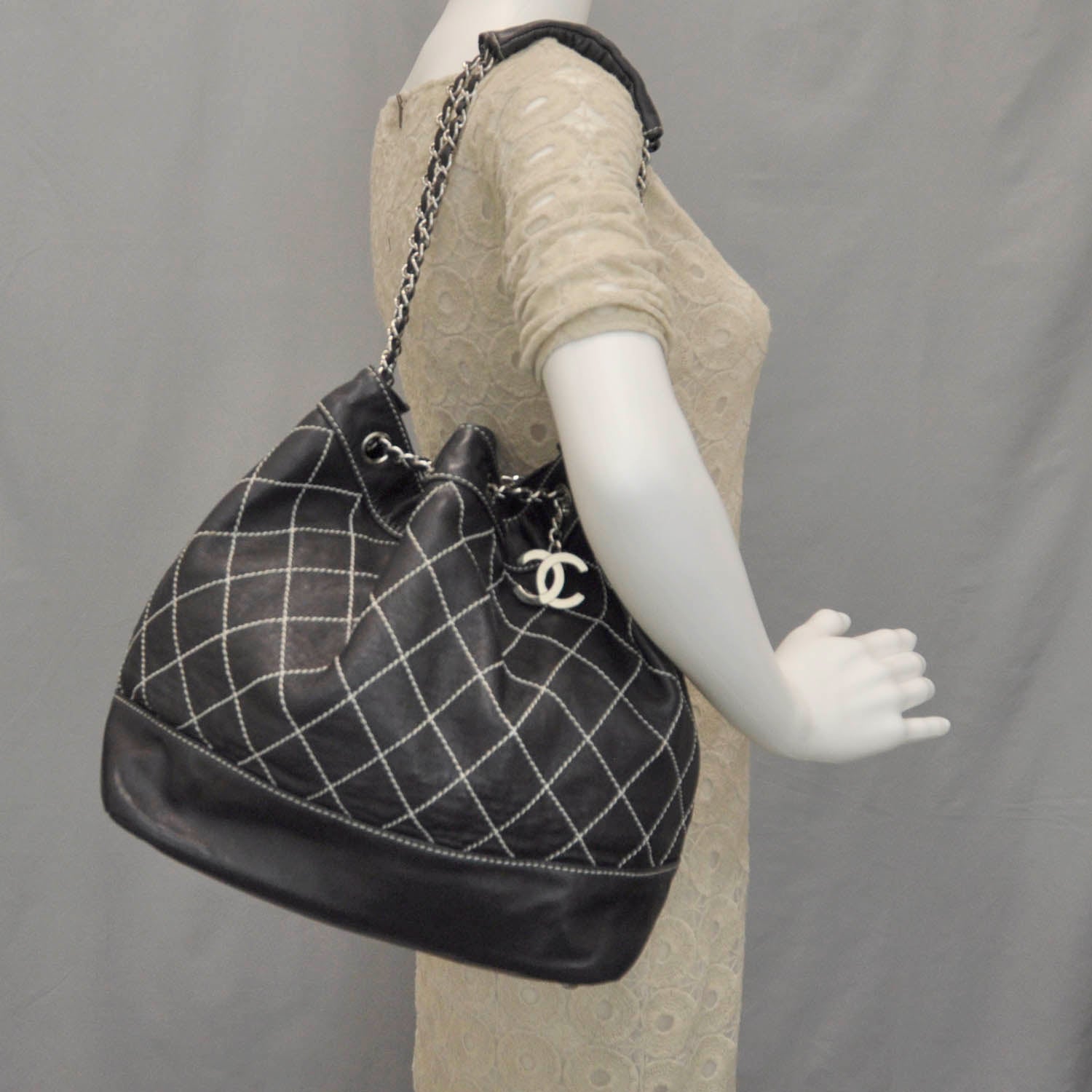 Chanel Leather Contrast Stitch Drawstring Tote Black 2 of 8