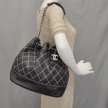 Chanel Leather Contrast Stitch Drawstring Tote Black 2 of 8