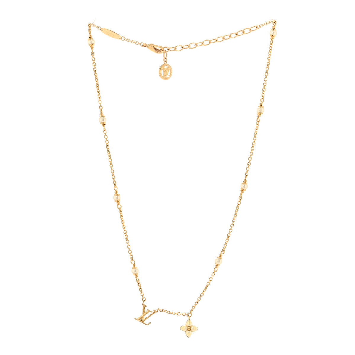 Louis Vuitton Metal Resin Pearl LV Floragram XS Necklace Gold White 3 of 7