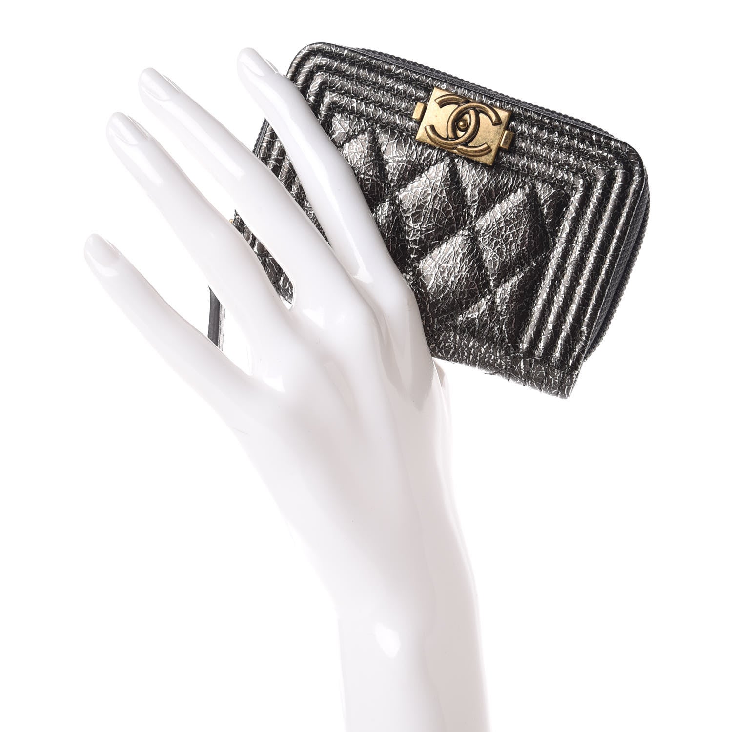 Chanel Cracked Metallic Calfskin Quilted Boy Zip Around Coin Purse Wallet Dark Silver 2 of 10