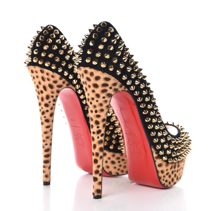 Christian Louboutin Veau Velours Calf Hair Leopard Lady Peep Spikes 150 Pumps 38 Black Bronze 4 of 8