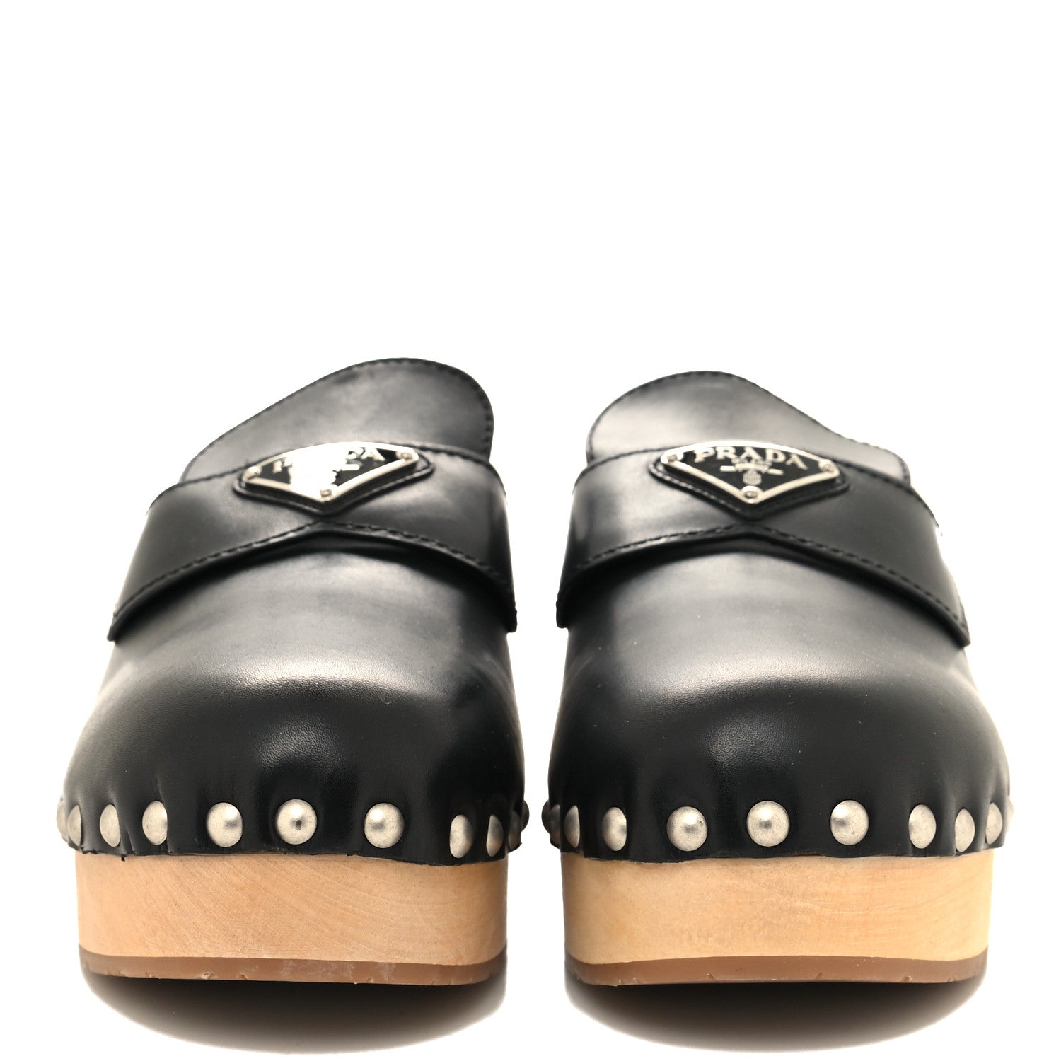 Prada Natural Calfskin Metal Triangle Logo 45mm Clogs 39 Black Sabbia 2 of 8