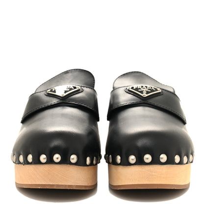 Prada Natural Calfskin Metal Triangle Logo 45mm Clogs 39 Black Sabbia 2 of 8