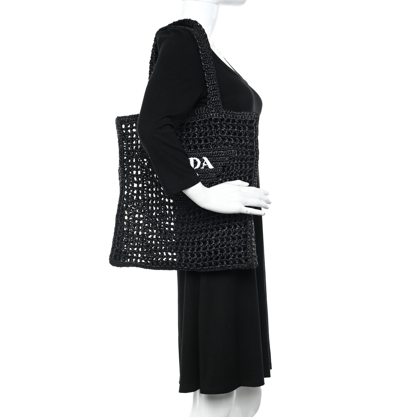 Yarn Raffia Effect Crochet Logo Embroidered Tote Bag Black