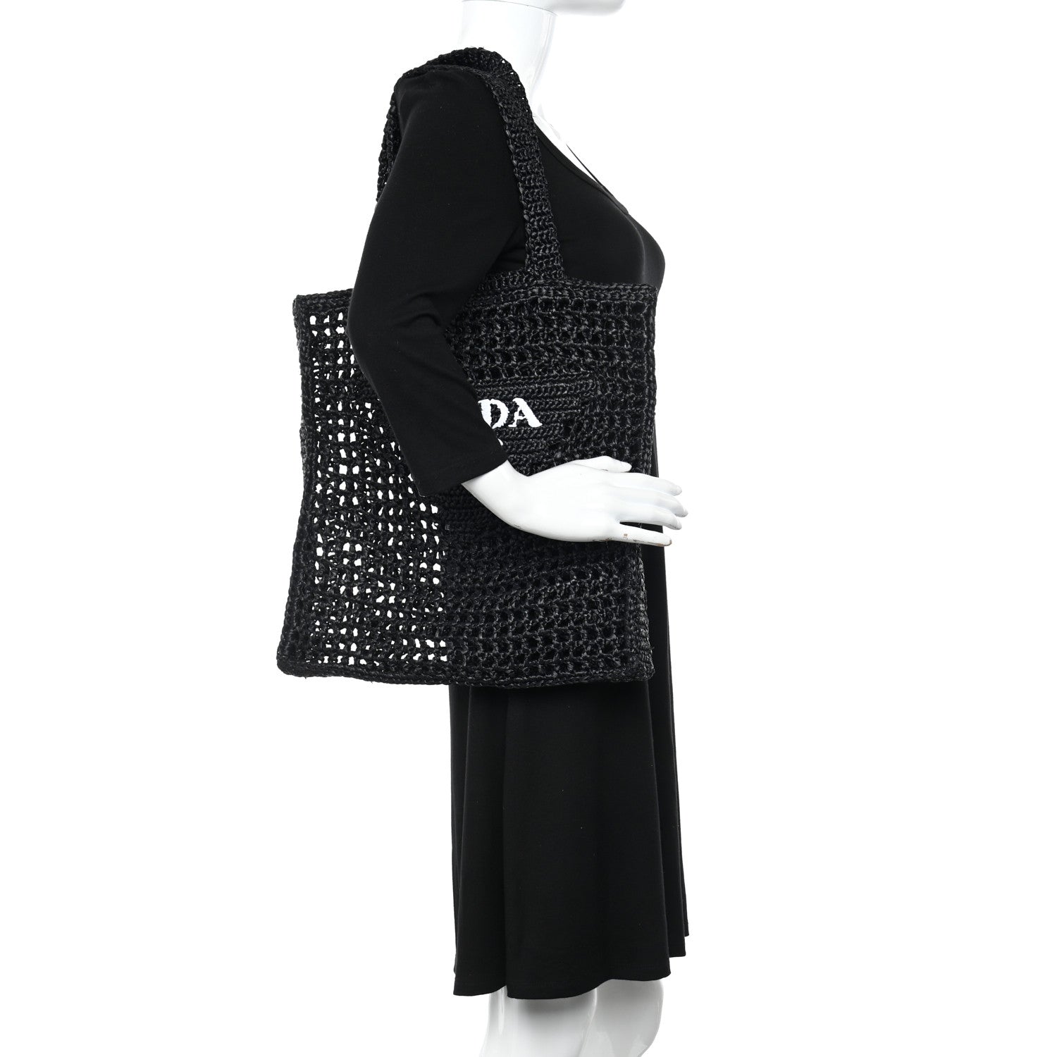 Prada Yarn Raffia Effect Crochet Logo Embroidered Tote Bag Black 2 of 12