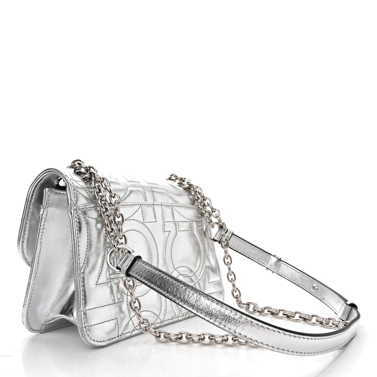 Calfskin Quilted Gancini Flap Bag Silver