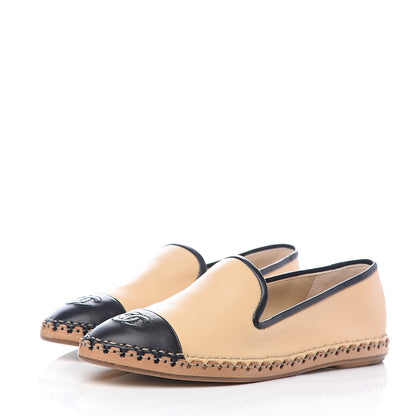 Chanel Lambskin Chain CC Mocassin Loafer Espadrilles 38 Beige Black 3 of 10