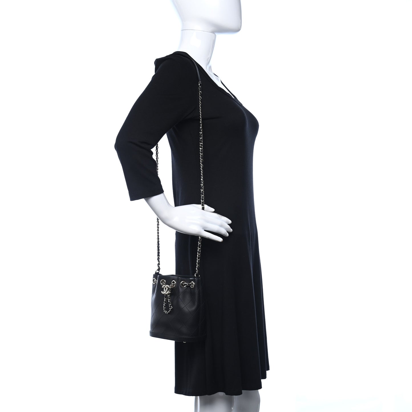 Calfskin Stitched Chain Bucket Bag Black