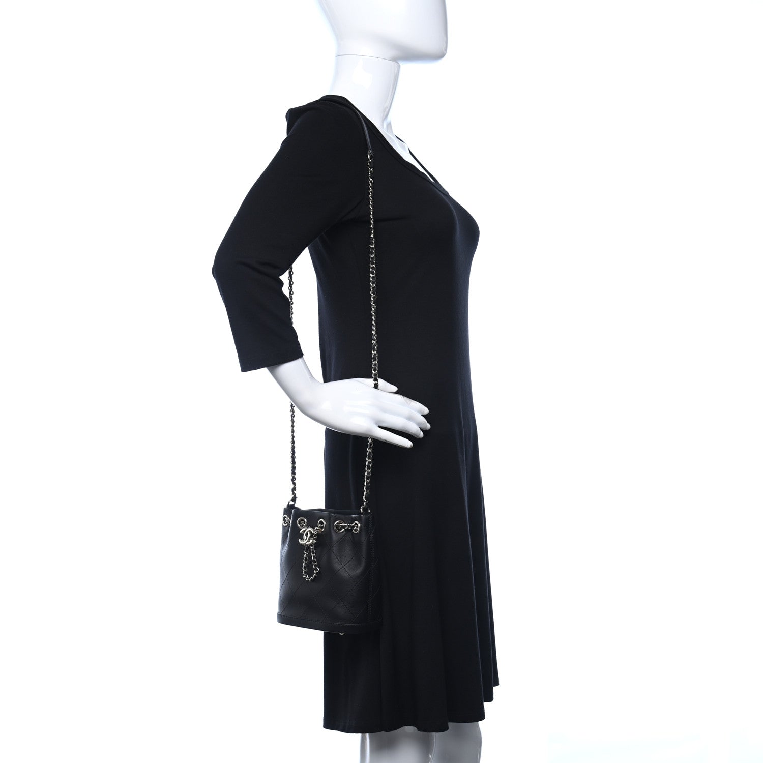 Chanel Calfskin Stitched Chain Bucket Bag Black 3 of 9