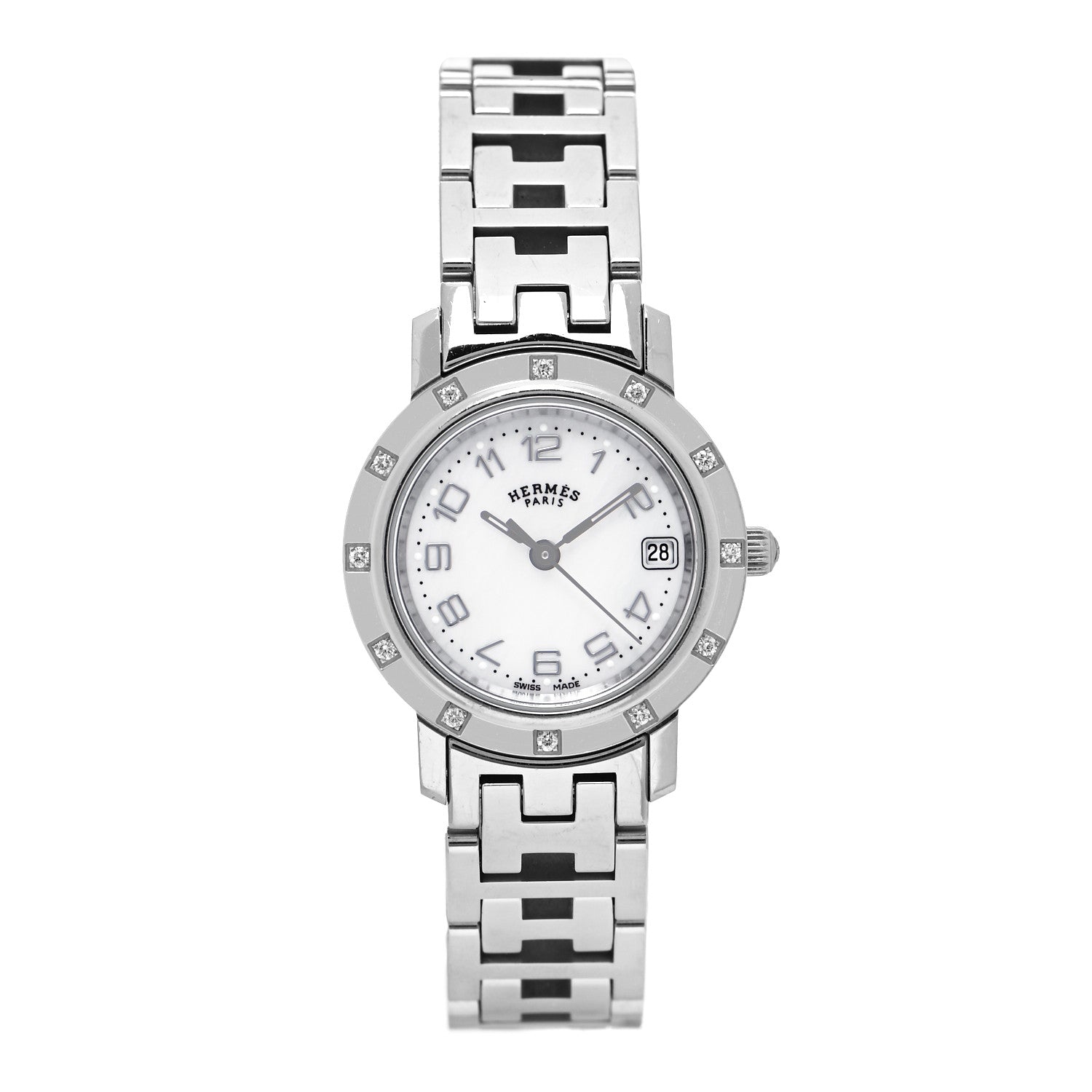 Hermes Stainless Steel Diamond Mother of Pearl 24mm Clipper Quartz Watch 1 of 5