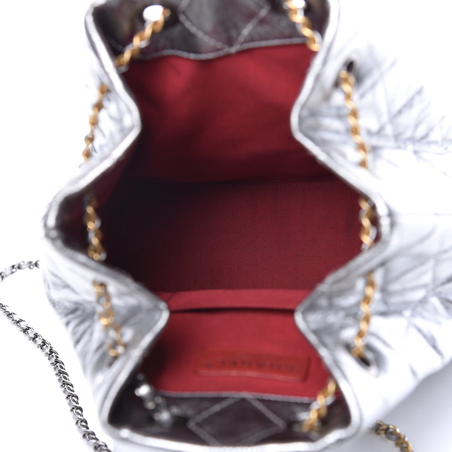 Metallic Crumpled Calfskin Quilted Gabrielle Backpack Silver