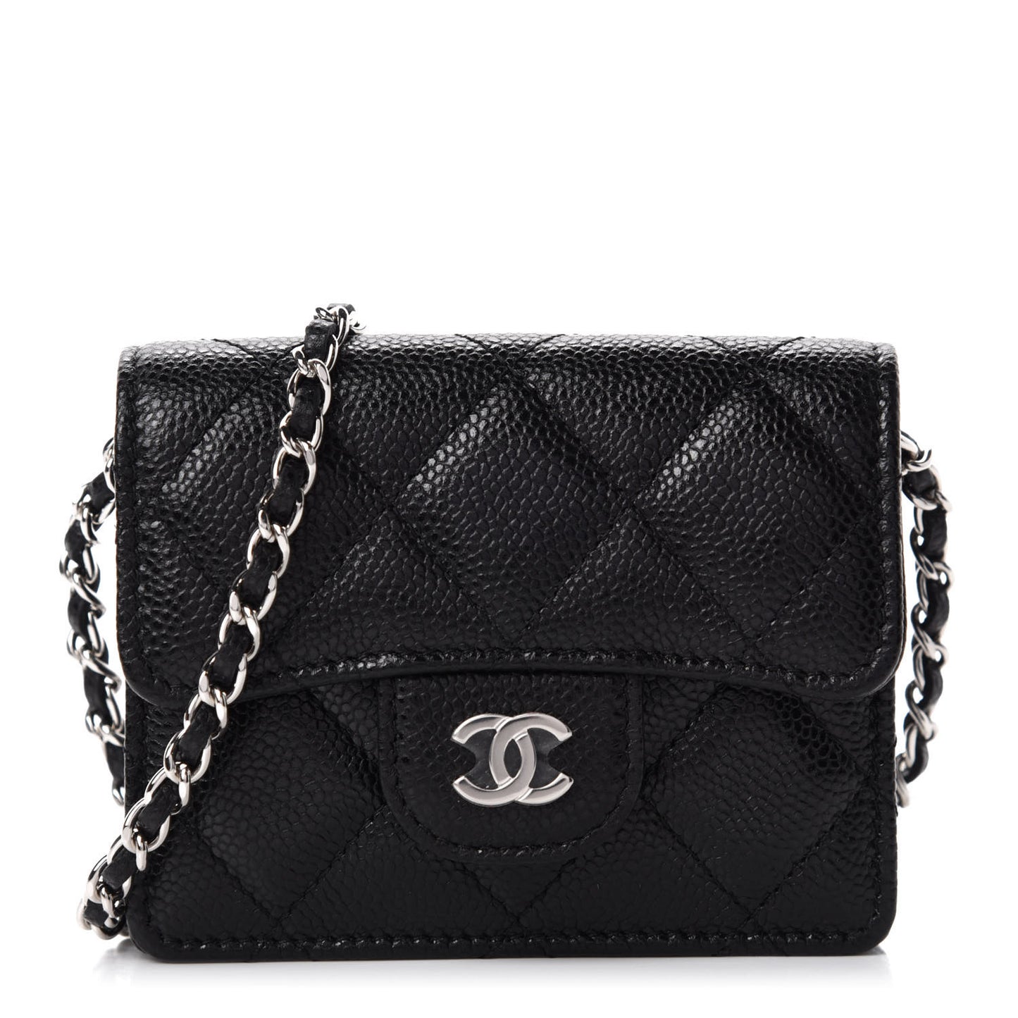 Caviar Quilted Flap Card Holder On Chain Black