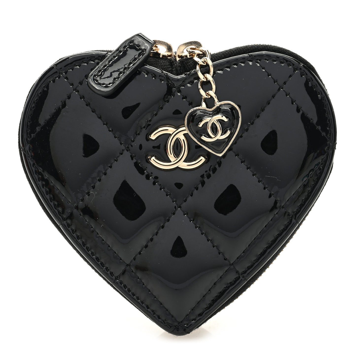 Patent Quilted Heart Zipped Coin Purse Black