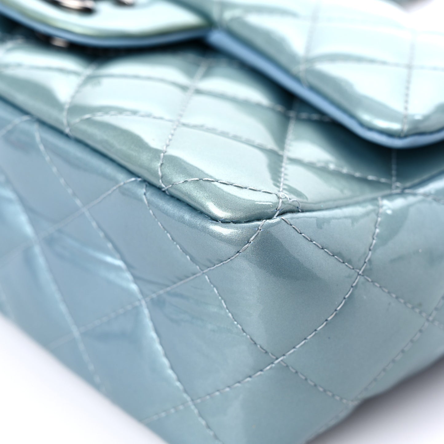 Patent Calfskin Quilted Mini Rectangular Flap Light Blue