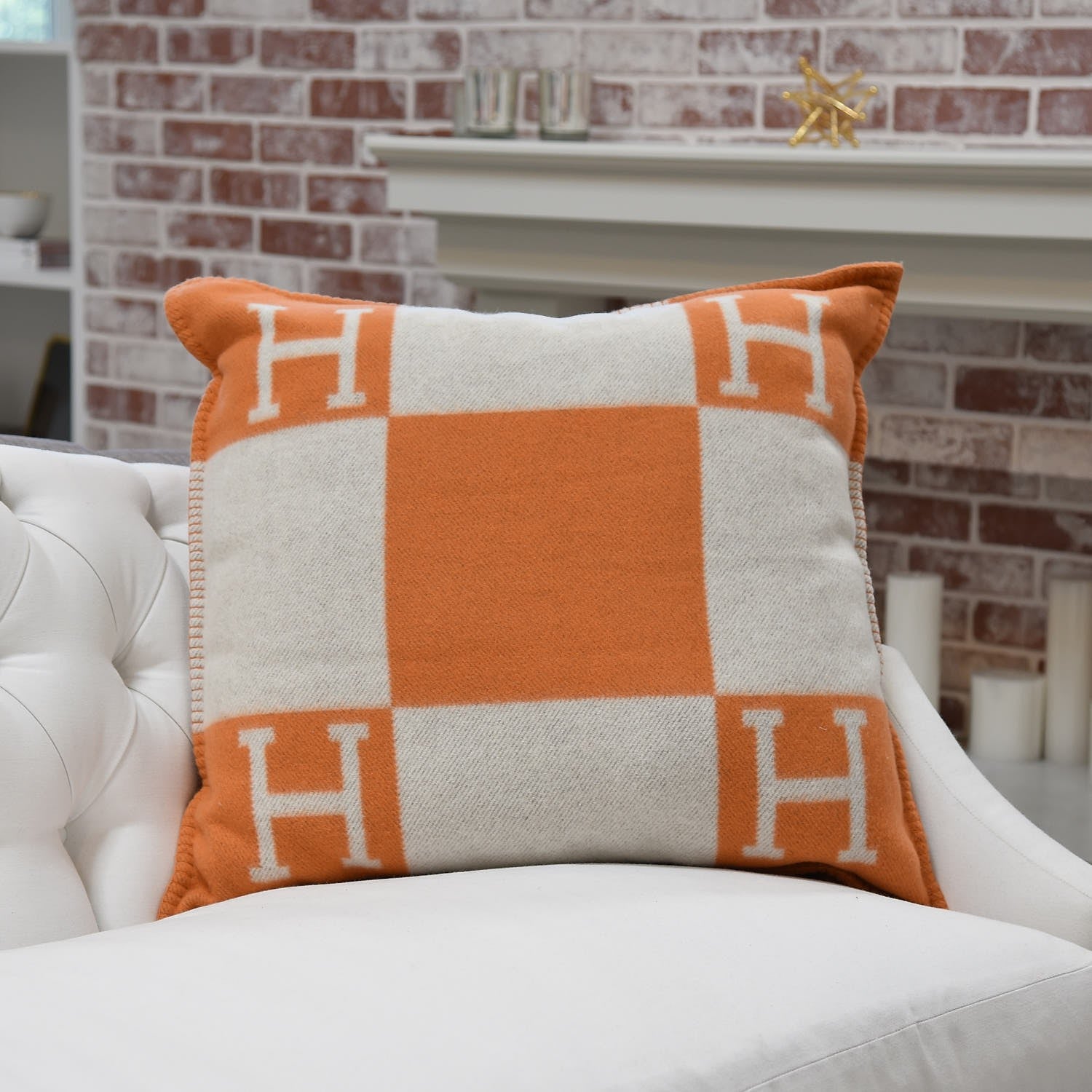 Hermes Wool Cashmere Avalon Pillow GM Ecru Potiron 2 of 6
