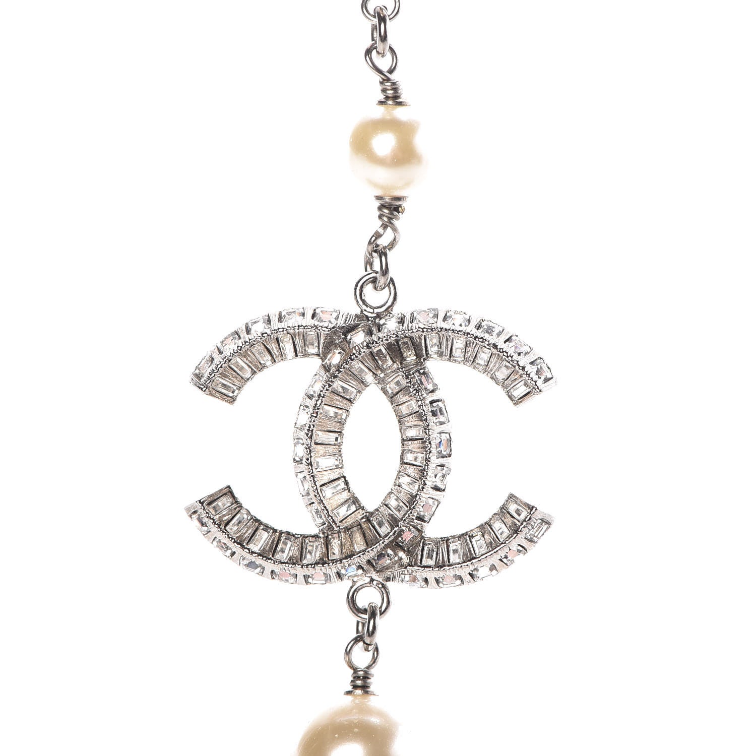 Chanel Pearl Baguette Crystal CC Long Necklace Silver 3 of 5