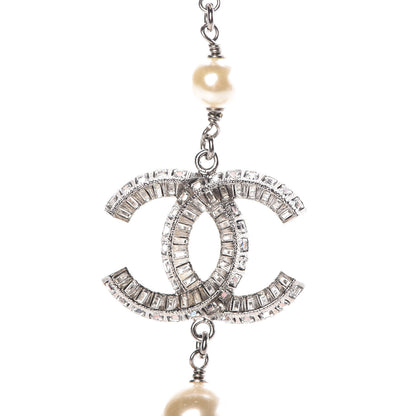 Chanel Pearl Baguette Crystal CC Long Necklace Silver 3 of 5