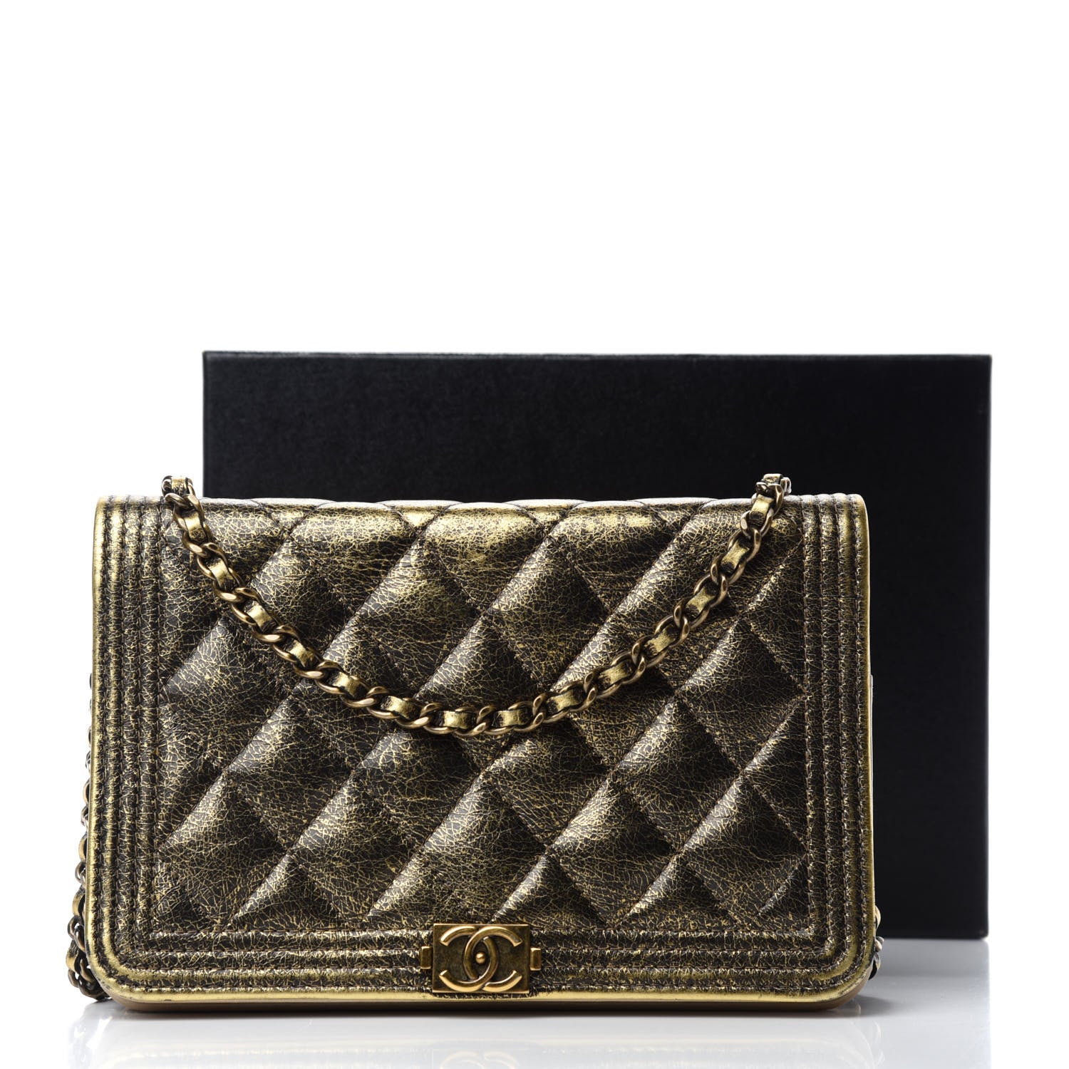 Chanel Cracked Metallic Calfskin Quilted Boy Wallet On Chain WOC Gold 15 of 15
