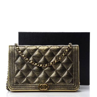 Chanel Cracked Metallic Calfskin Quilted Boy Wallet On Chain WOC Gold 15 of 15