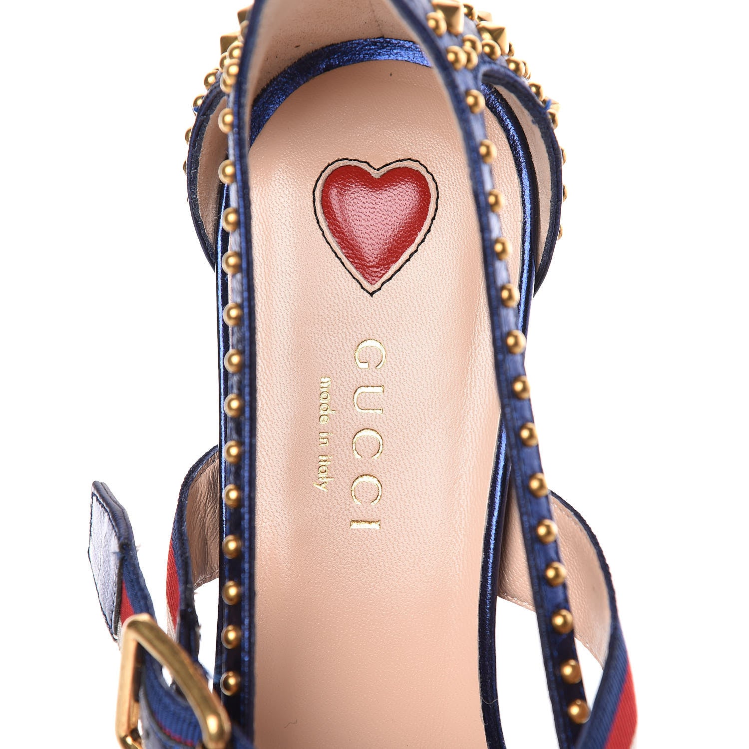 Gucci Metallic Nappa Silk Grosgrain Studded Sylvie Web Bamboo Low Heel Pumps 37 Sapphire 7 of 9