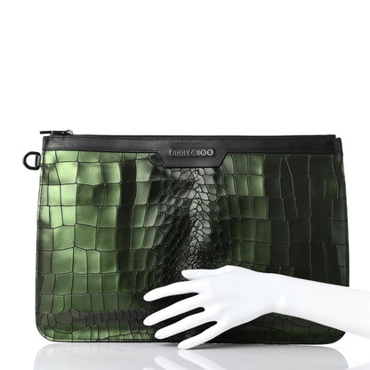 Jimmy Choo Metallic Crocodile Embossed Calfskin Derek Document Holder Evergreen 2 of 7