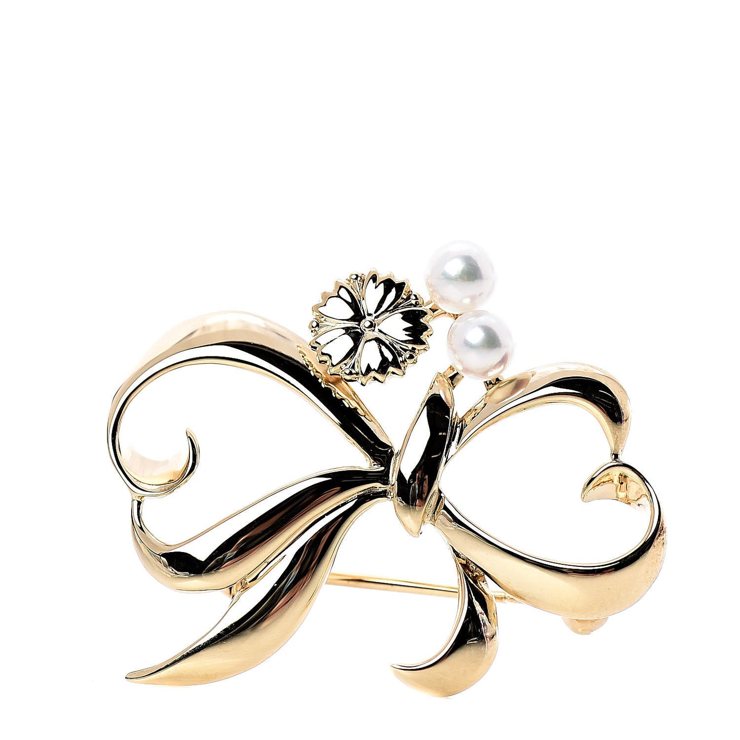 18K Yellow Gold Akoya Pearl 3.5-4mm Heart Ribbon Brooch