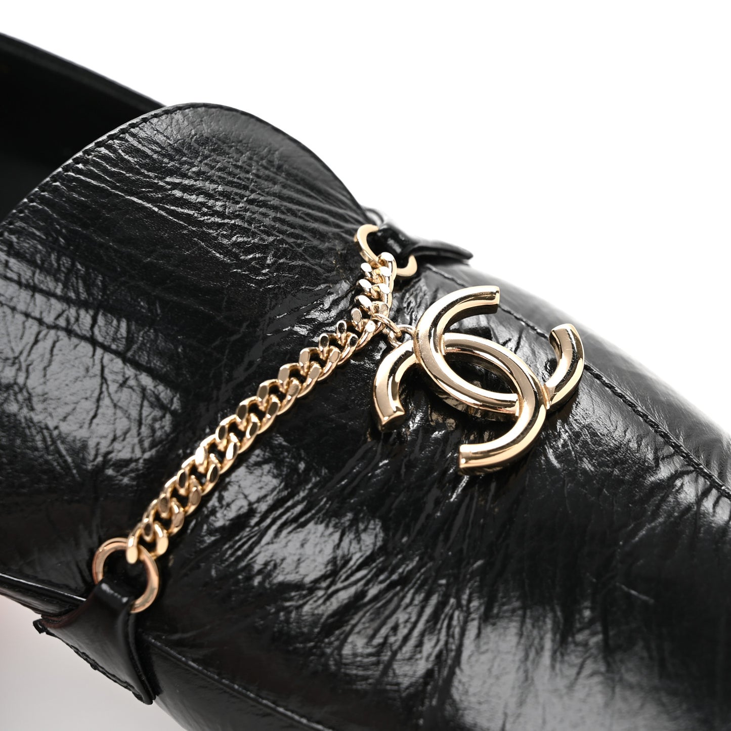 Crinkled Calfskin Chain CC Mocassin Loafers 40 Black