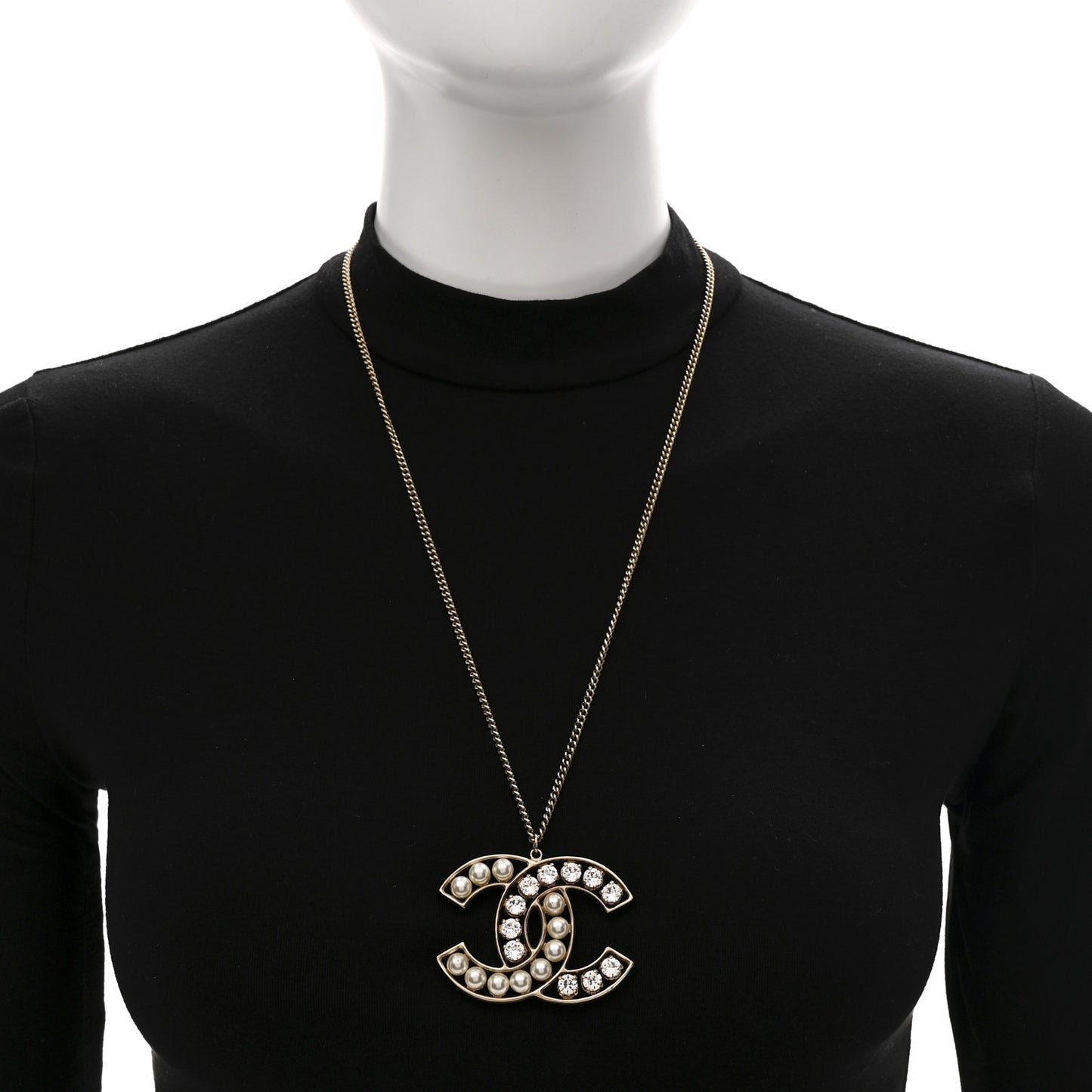 Pearl Crystal CC Pendant Necklace Gold