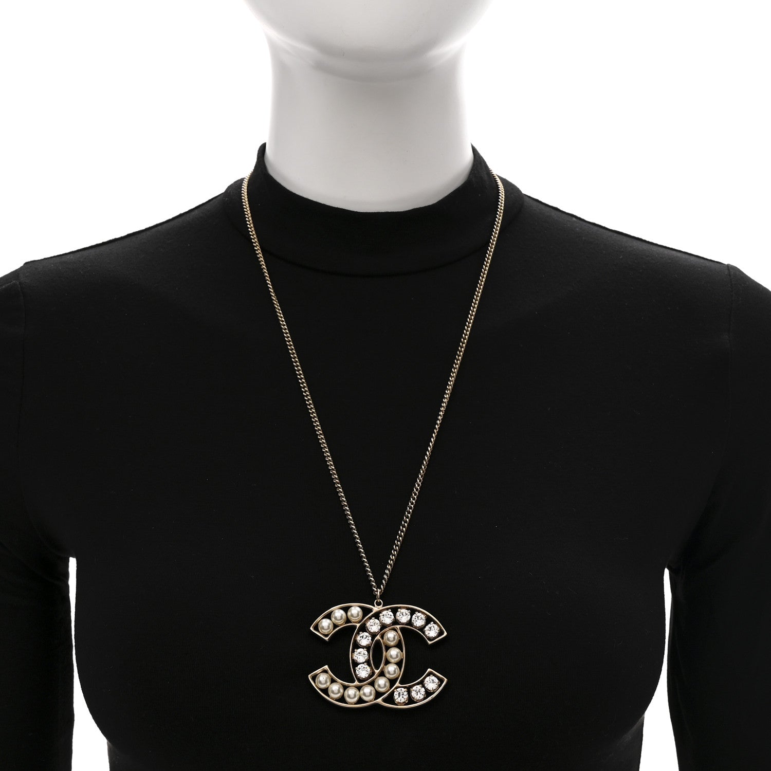 Chanel Pearl Crystal CC Pendant Necklace Gold 2 of 6