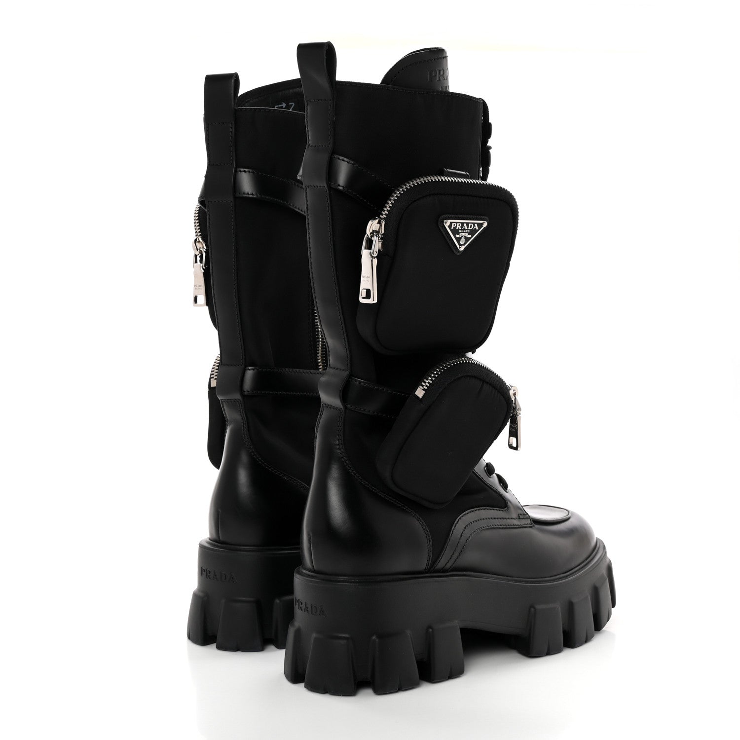 Prada Spazzolato Rois Re-Nylon Metal Triangle Logo Monolith Pouch Pocket 55mm Tall Combat Boots 39 Black 4 of 11