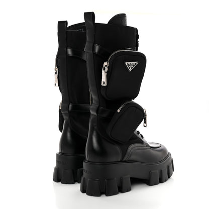 Prada Spazzolato Rois Re-Nylon Metal Triangle Logo Monolith Pouch Pocket 55mm Tall Combat Boots 39 Black 4 of 11