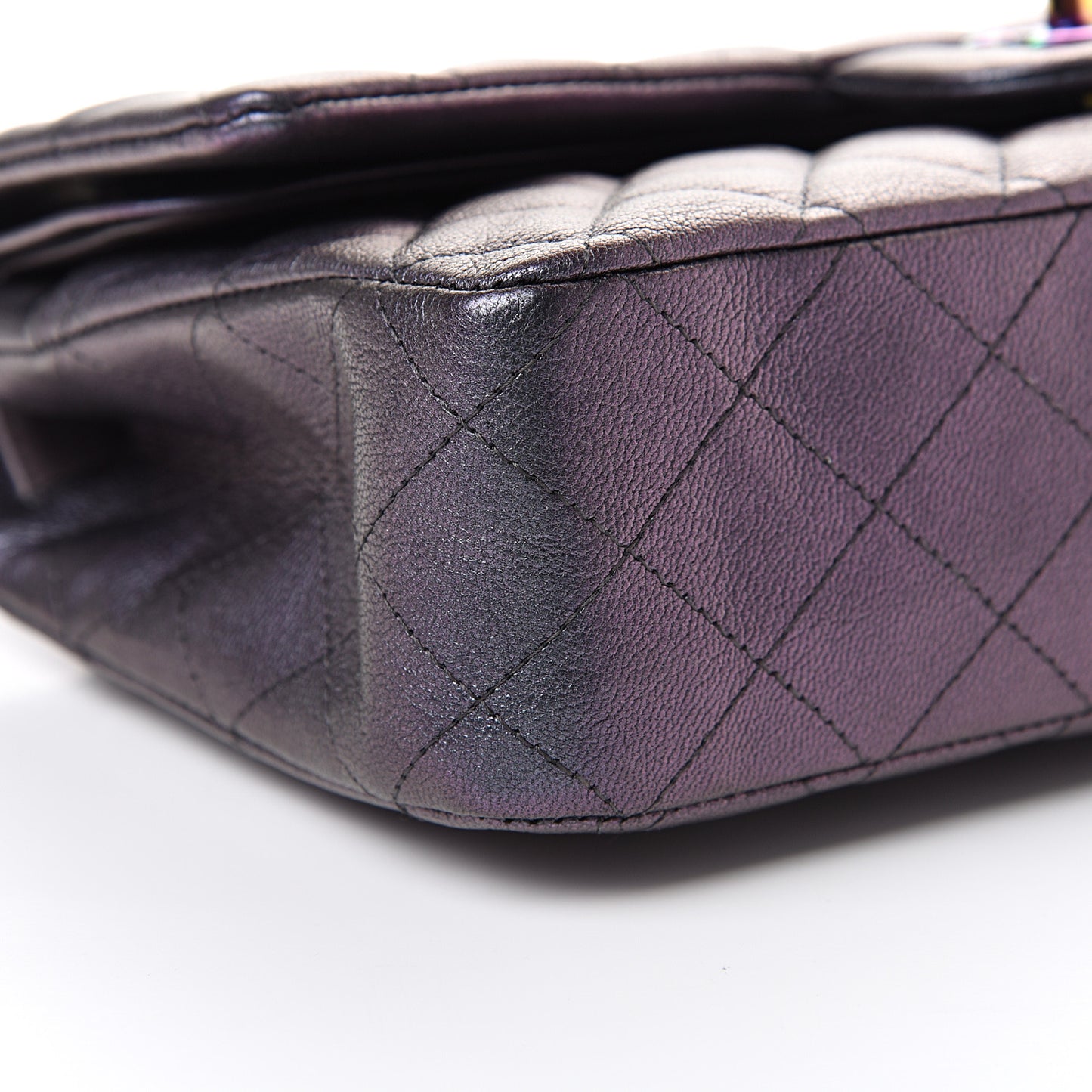 Iridescent Goatskin Quilted Medium Double Flap Purple