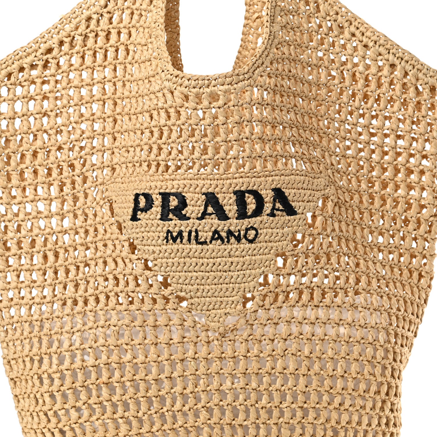 Prada Yarn Raffia Effect Crochet Logo Embroidered Shopping Tote Bag Naturale 8 of 10