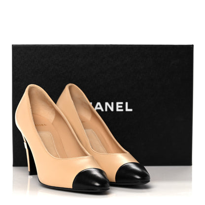 Chanel Lambskin Cap Toe Pearl Pumps 37.5 Beige Black 10 of 10