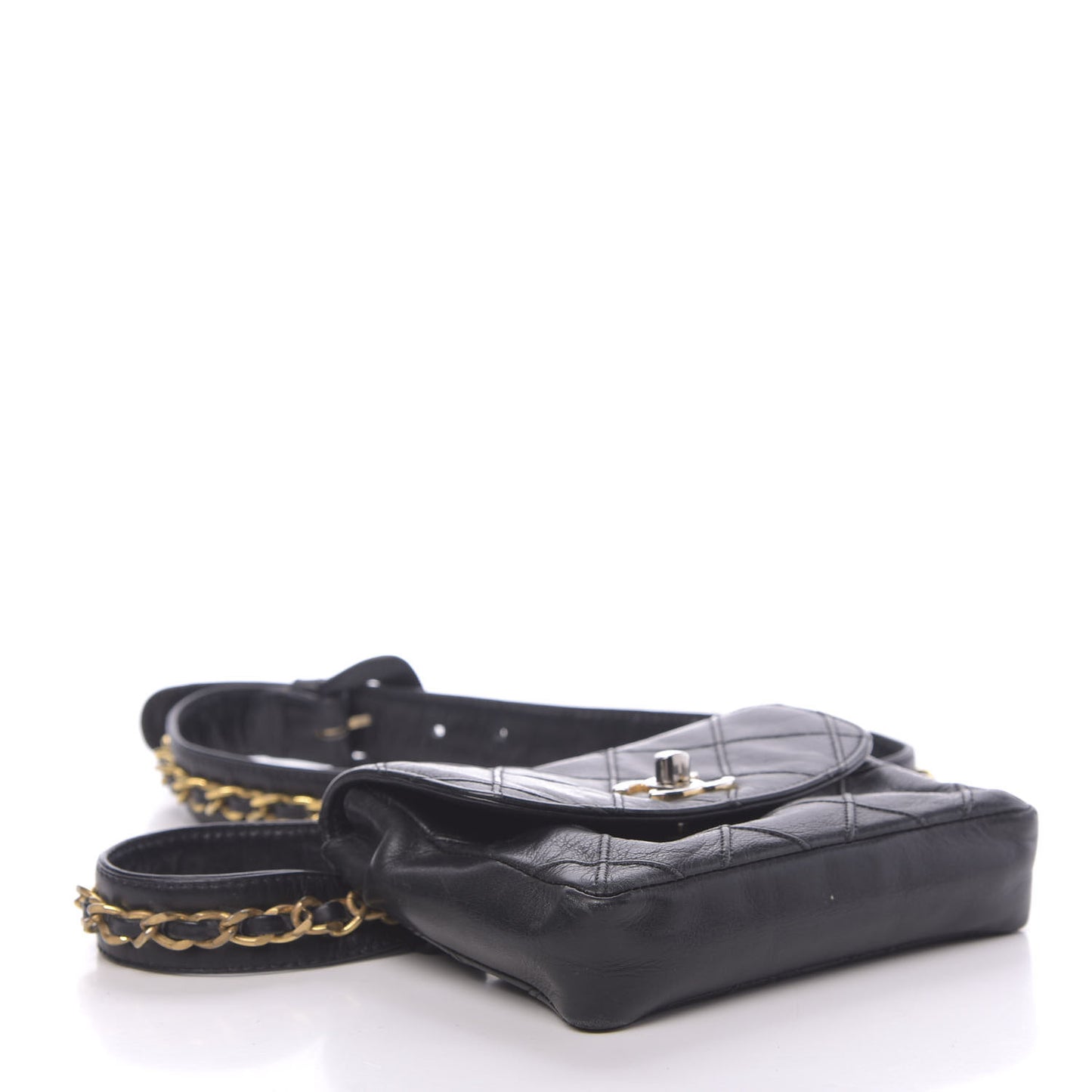 Calfskin Diamond Embossed Flap Waist Belt Bag Black