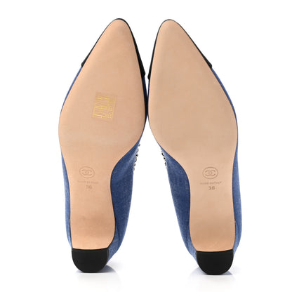Chanel Denim Grosgrain Chain Cap Toe Pumps 38 Blue Black 5 of 10