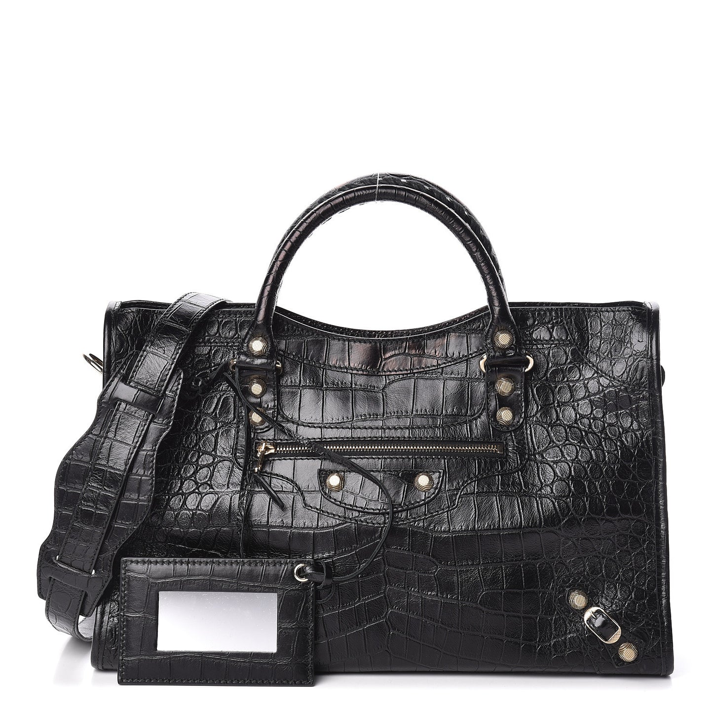 Calfskin Crocodile Embossed Giant 12 Gold Hardware City Black
