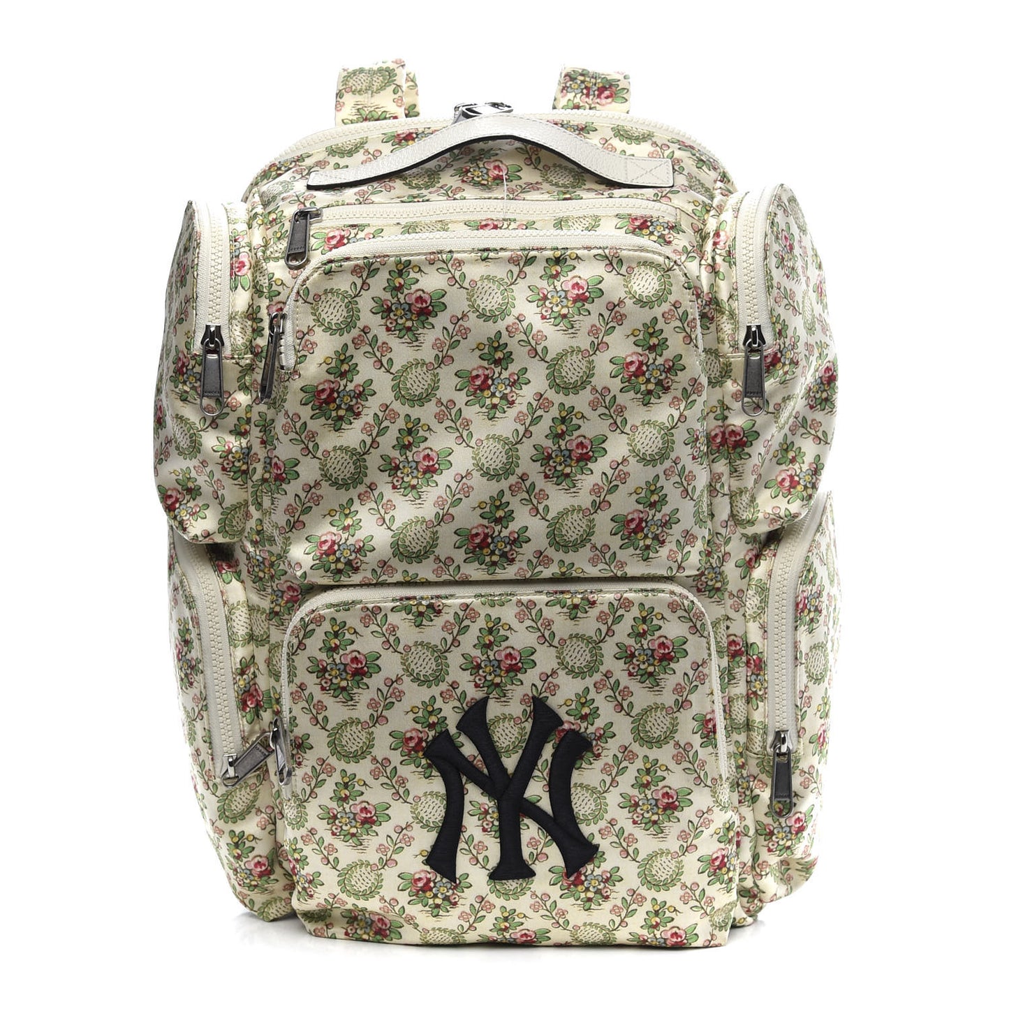 X MLB Satin Floral Print NY Yankees Patch Backpack Ivory Green
