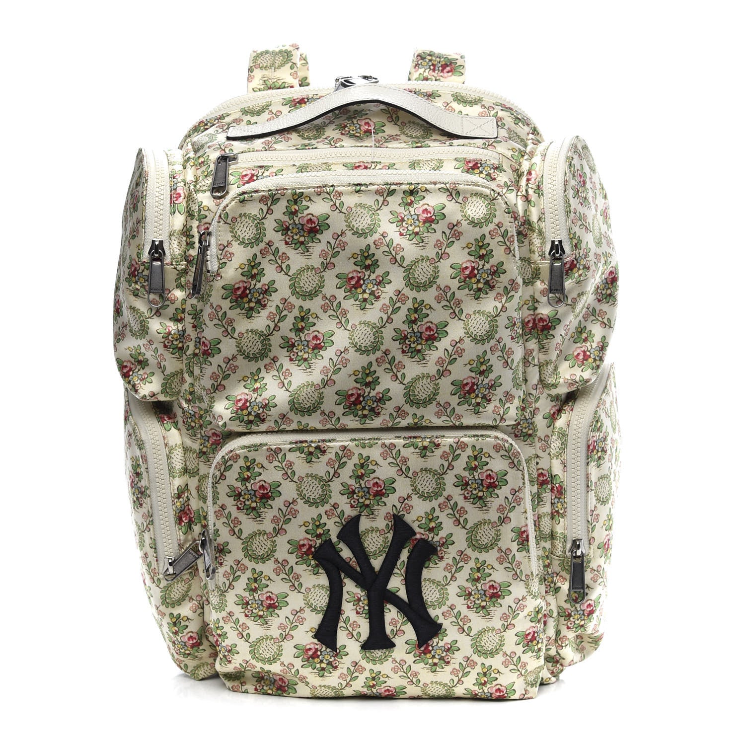 Gucci X MLB Satin Floral Print NY Yankees Patch Backpack Ivory Green 1 of 11
