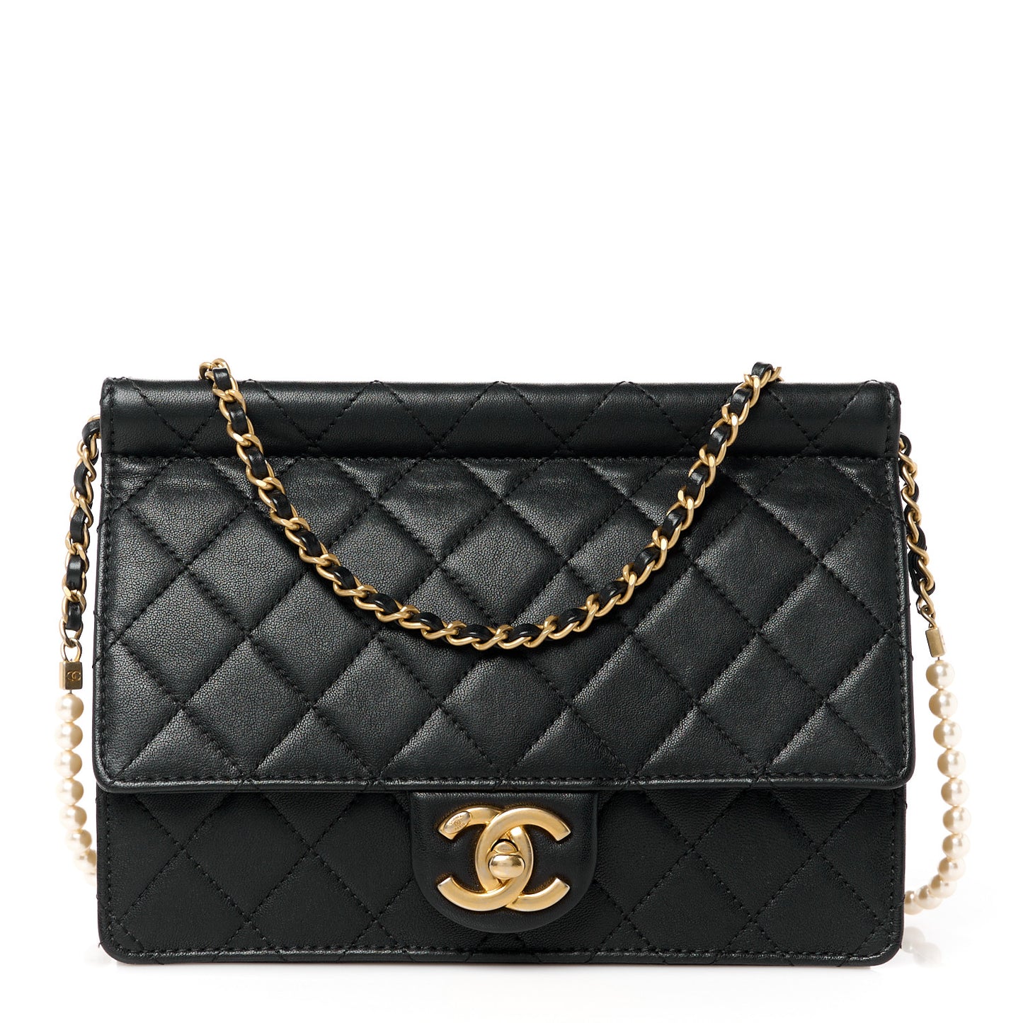 Lambskin Quilted Large Pearl Chain Flap Bag Black
