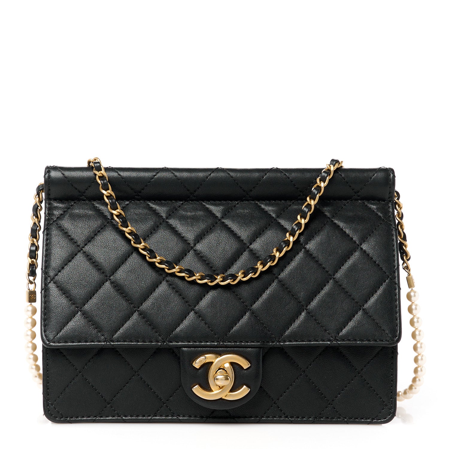 Chanel Lambskin Quilted Large Pearl Chain Flap Bag Black 1 of 11