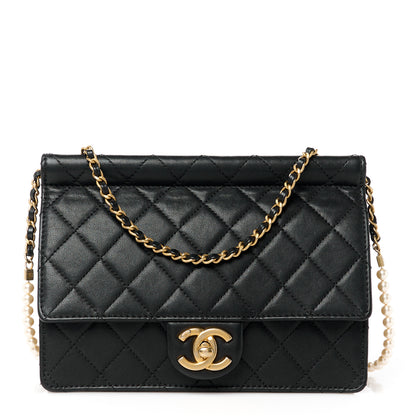 Chanel Lambskin Quilted Large Pearl Chain Flap Bag Black 1 of 11