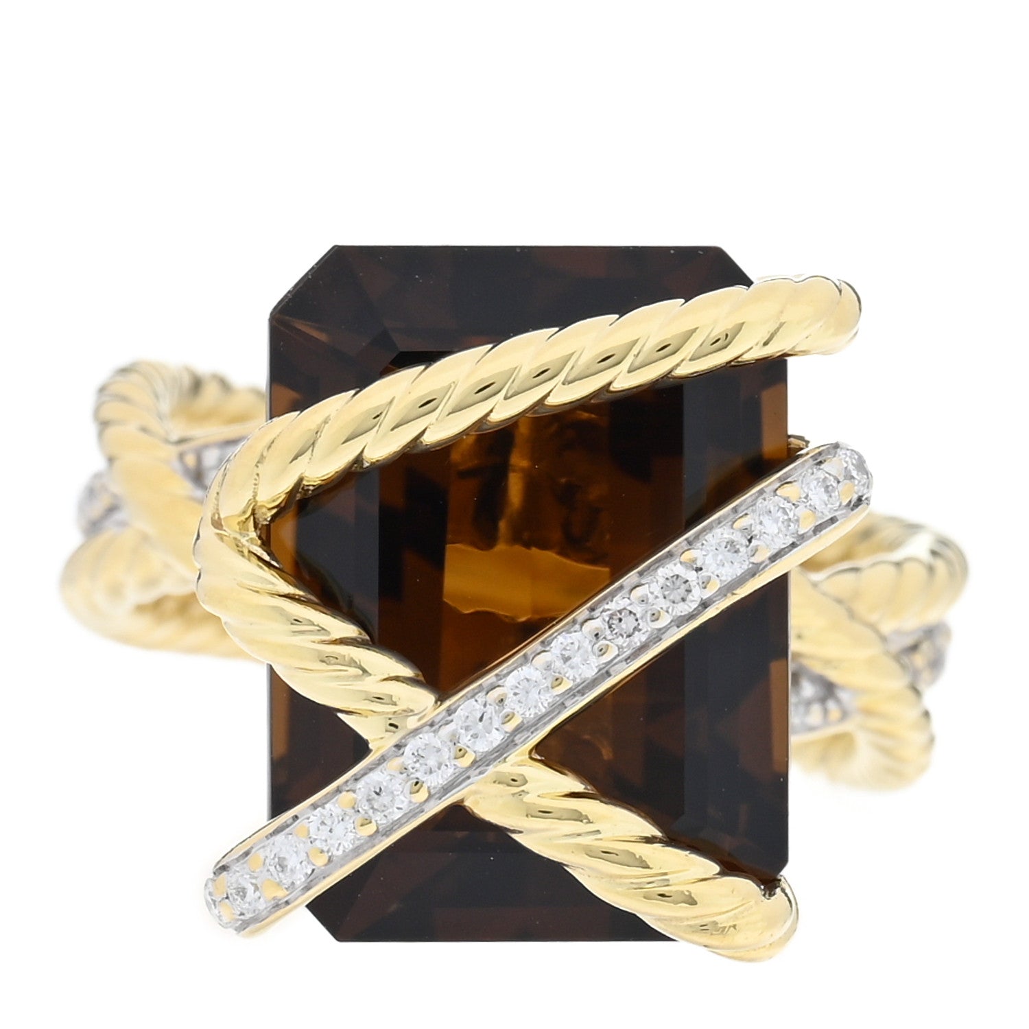 David Yurman 18K Yellow Gold Diamond Smoky Quartz 16mm Cable Wrap Ring 53 6.5 1 of 4