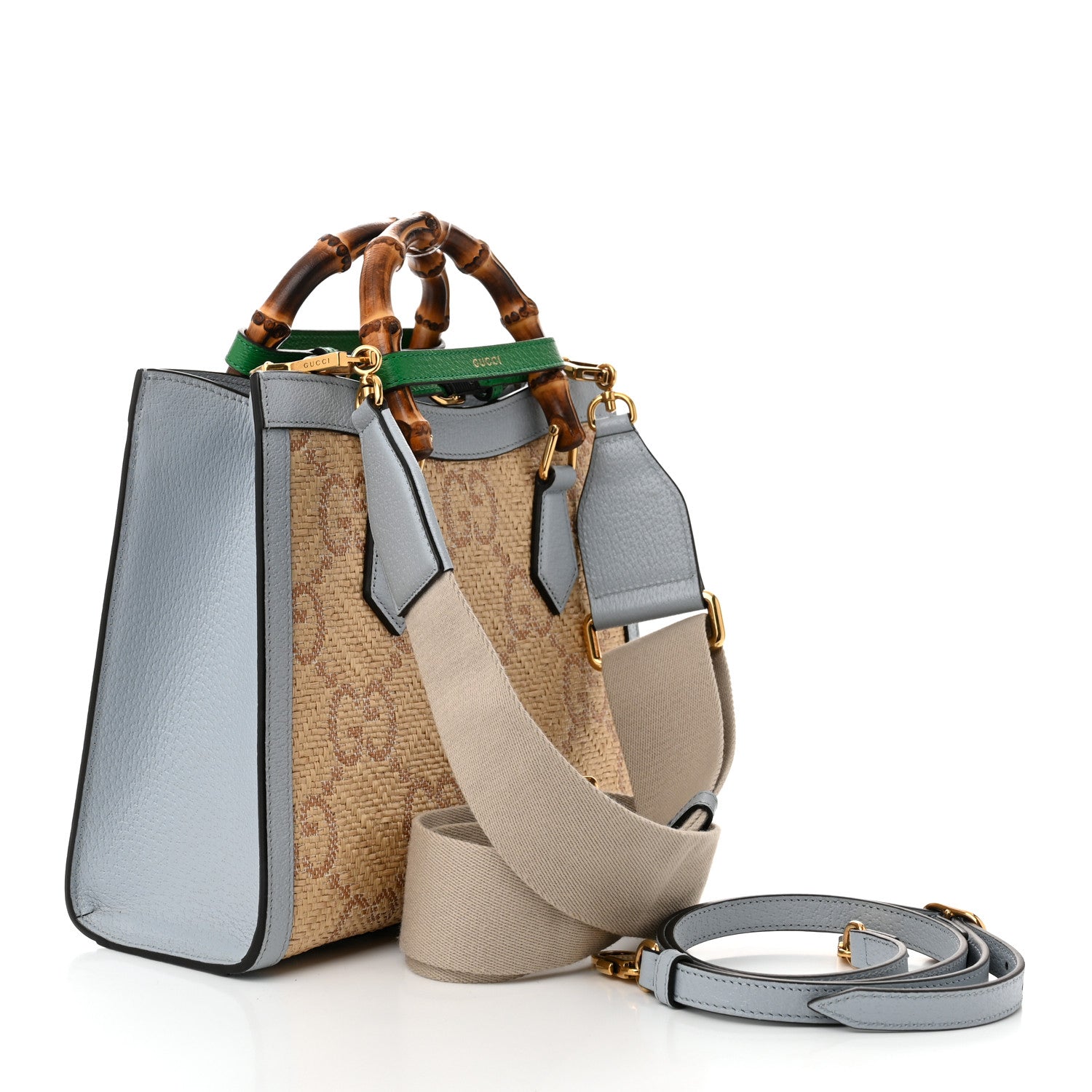 Gucci Raffia Textured Dollar Calfskin Web GG Monogram Small Diana Tote Bag Natural Brown New Shamarock Green 3 of 10