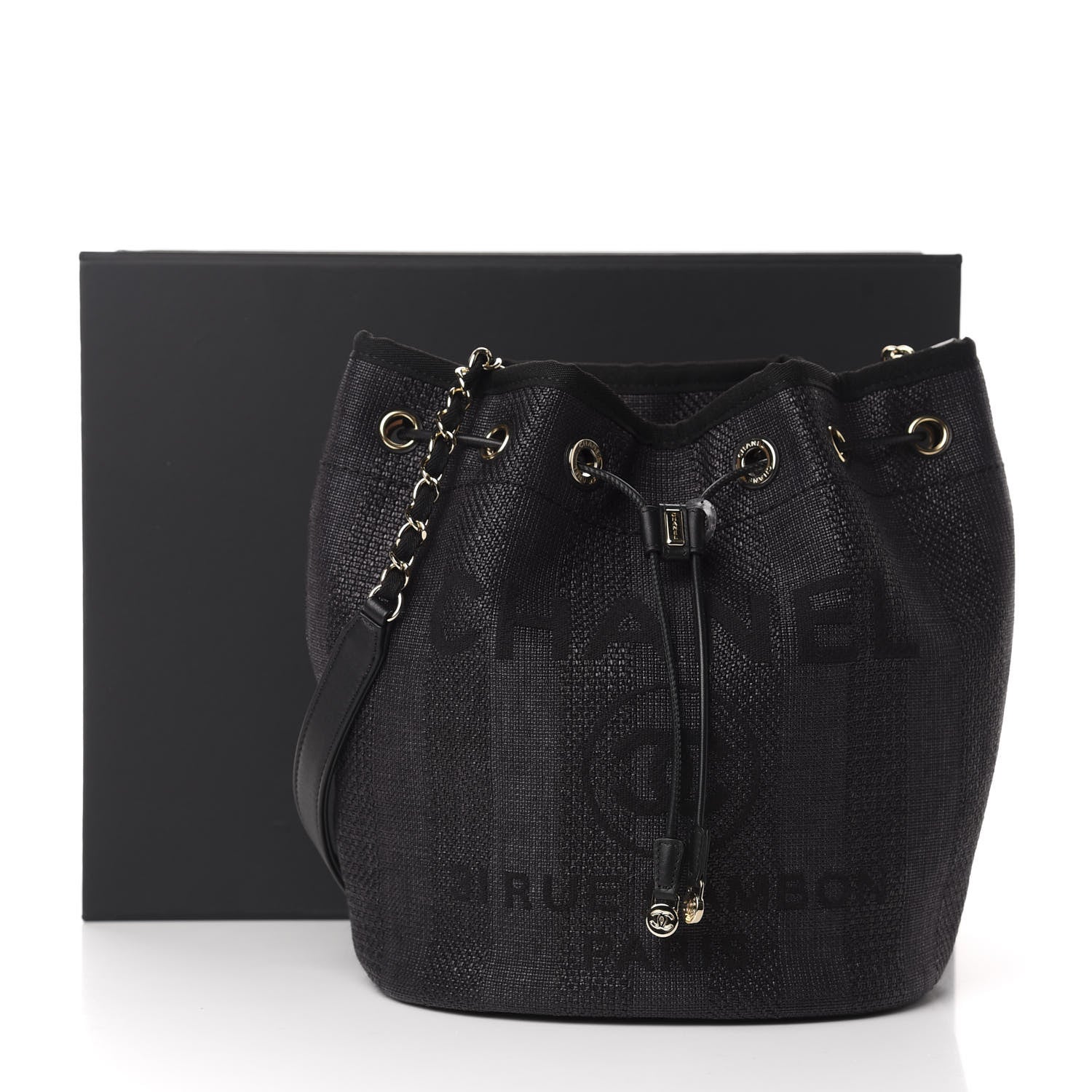 Chanel Mixed Fibers Stripe Deauville Drawstring Bag Black 11 of 11