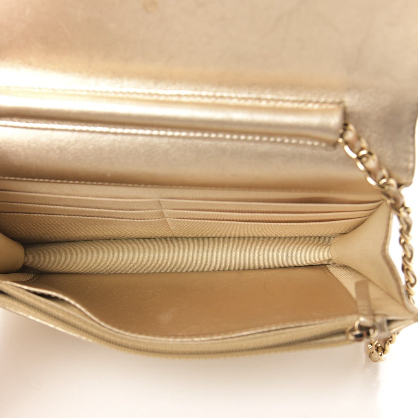 Metallic Lambskin Quilted Wallet On Chain WOC Gold