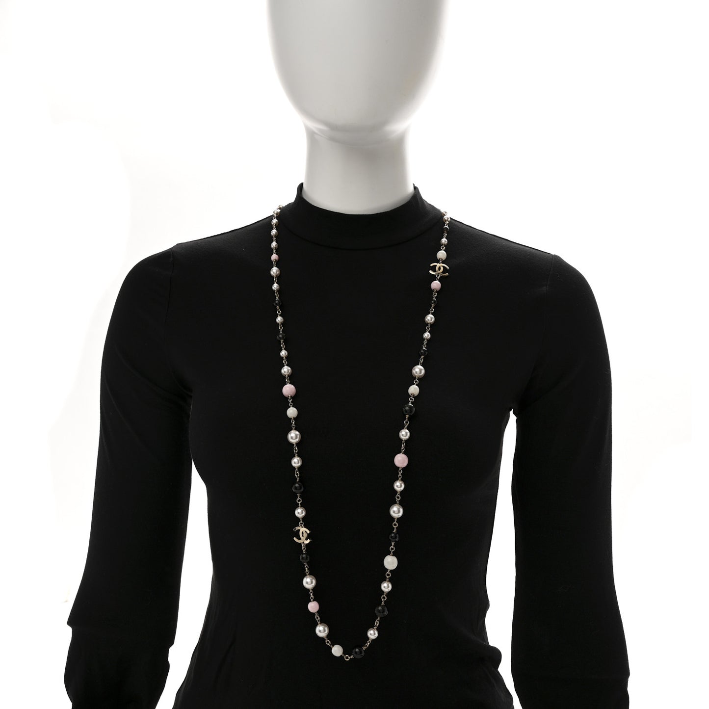 Pearl Beaded CC Long Necklace Gold Black White Pink